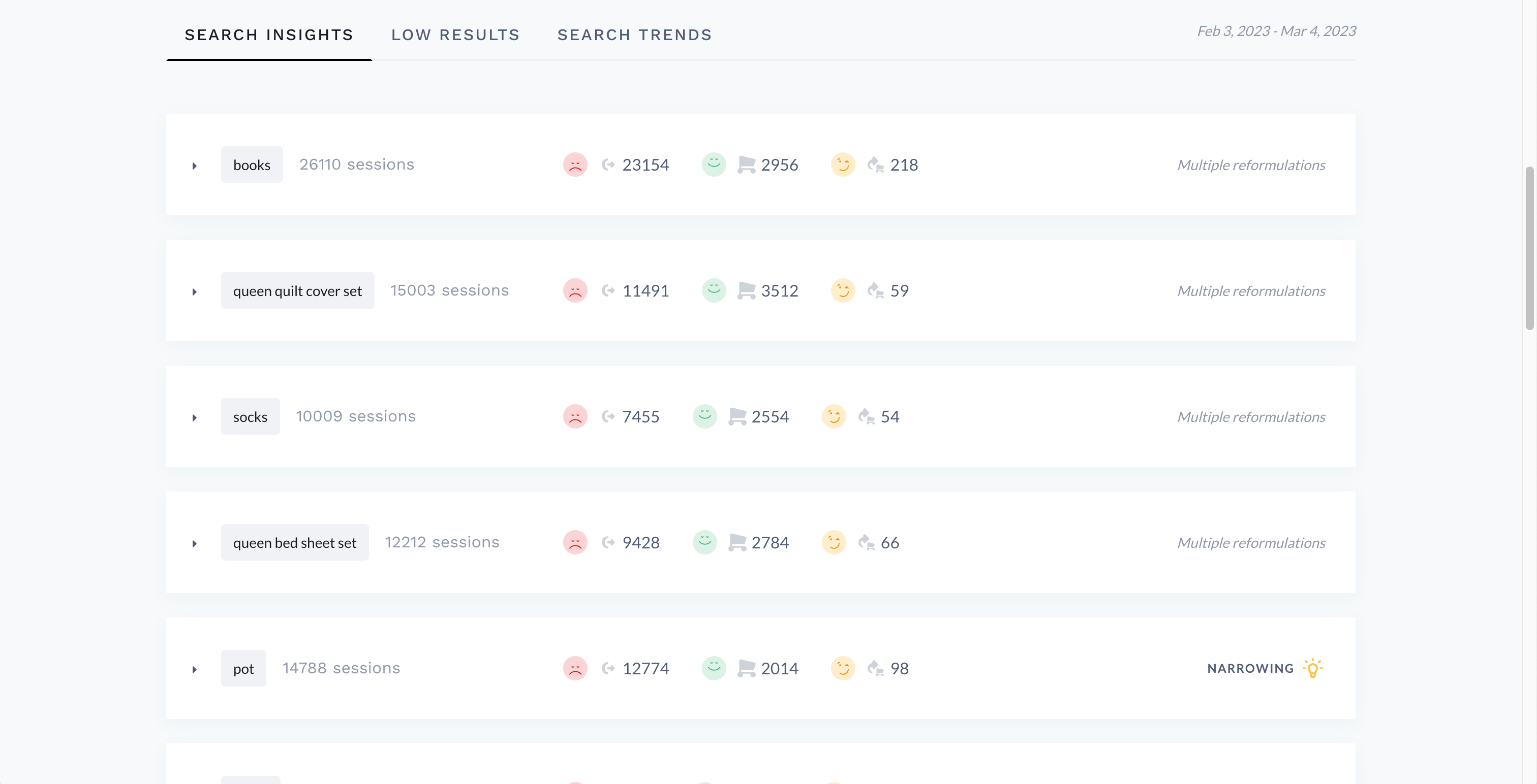 Example listing of search insights in Constructor dashboard