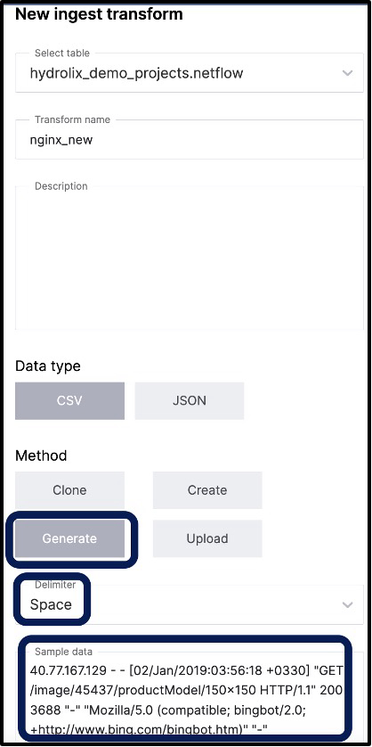 \*\*Figure 8 - Creating a new transform with sample data