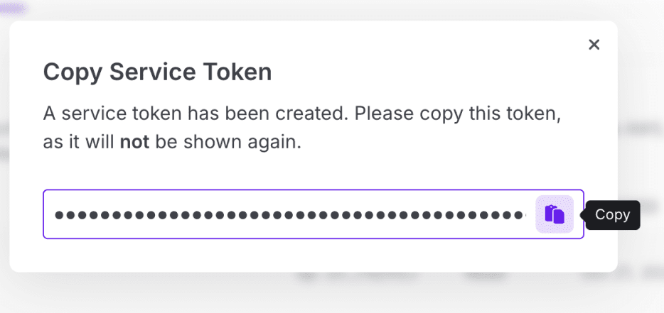 Screenshot of service token modal