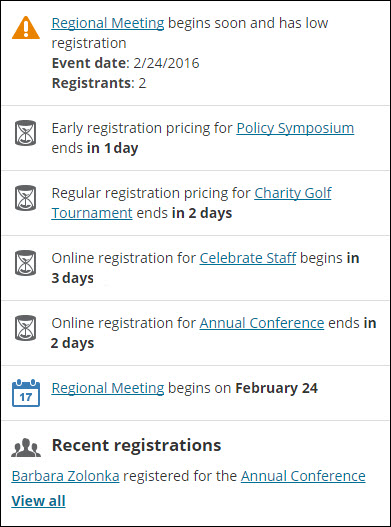 Viewing a Events Dashboard alert examples