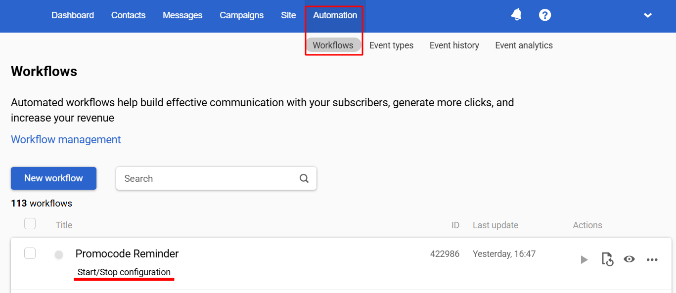 Start / Stop configuration