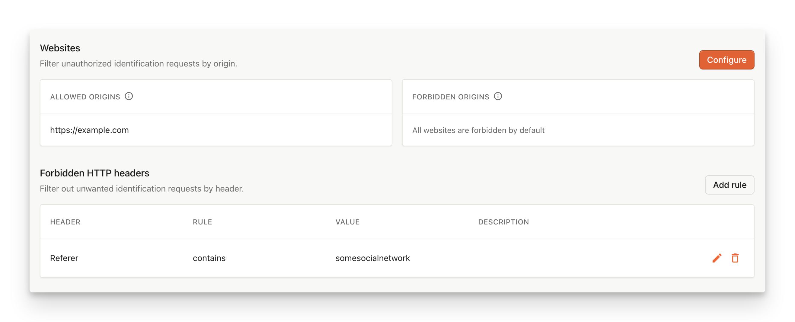 Allowed Origins + Forbidden HTTP Headers rules