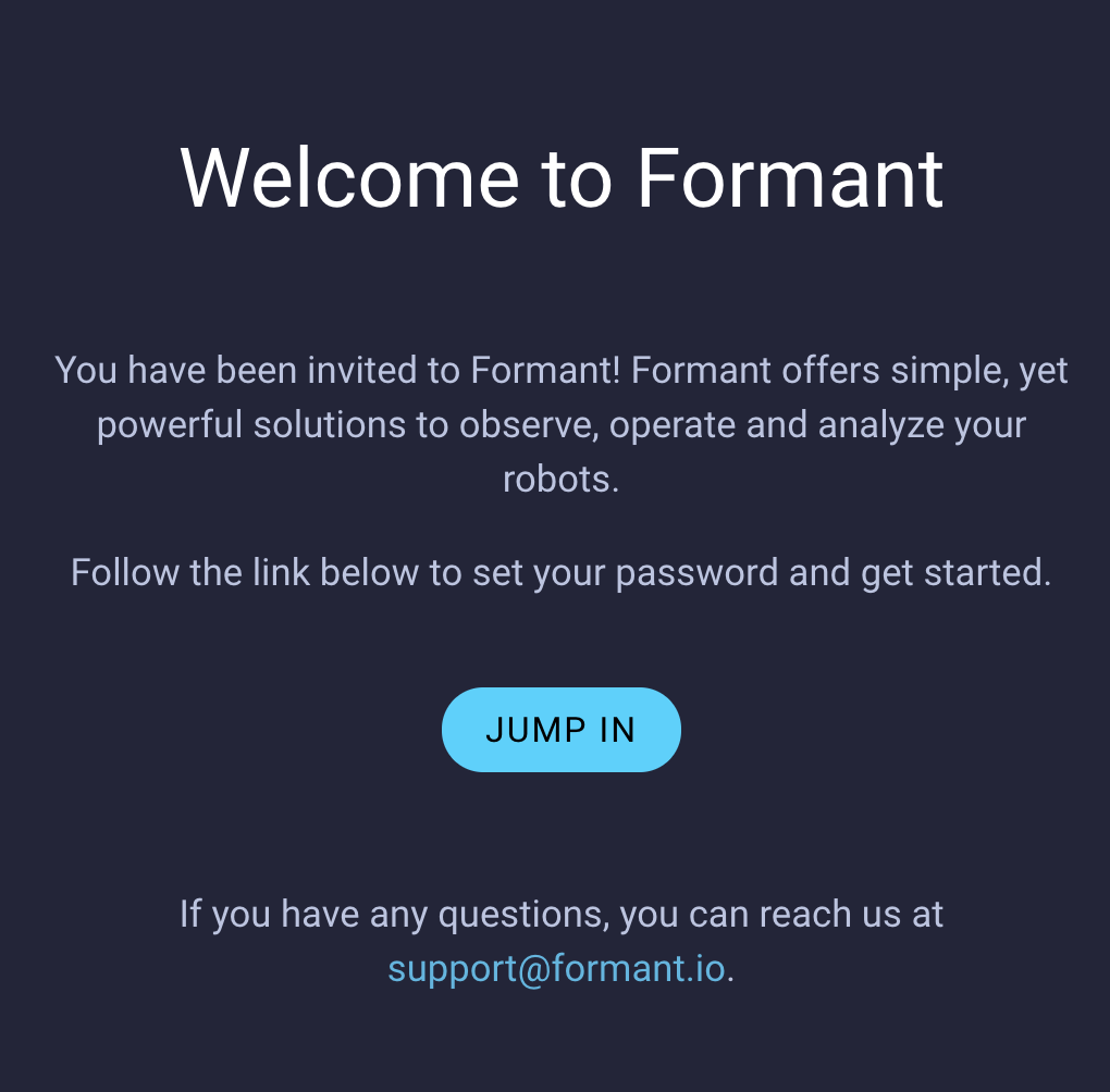 Email invitation from hello@formant.io