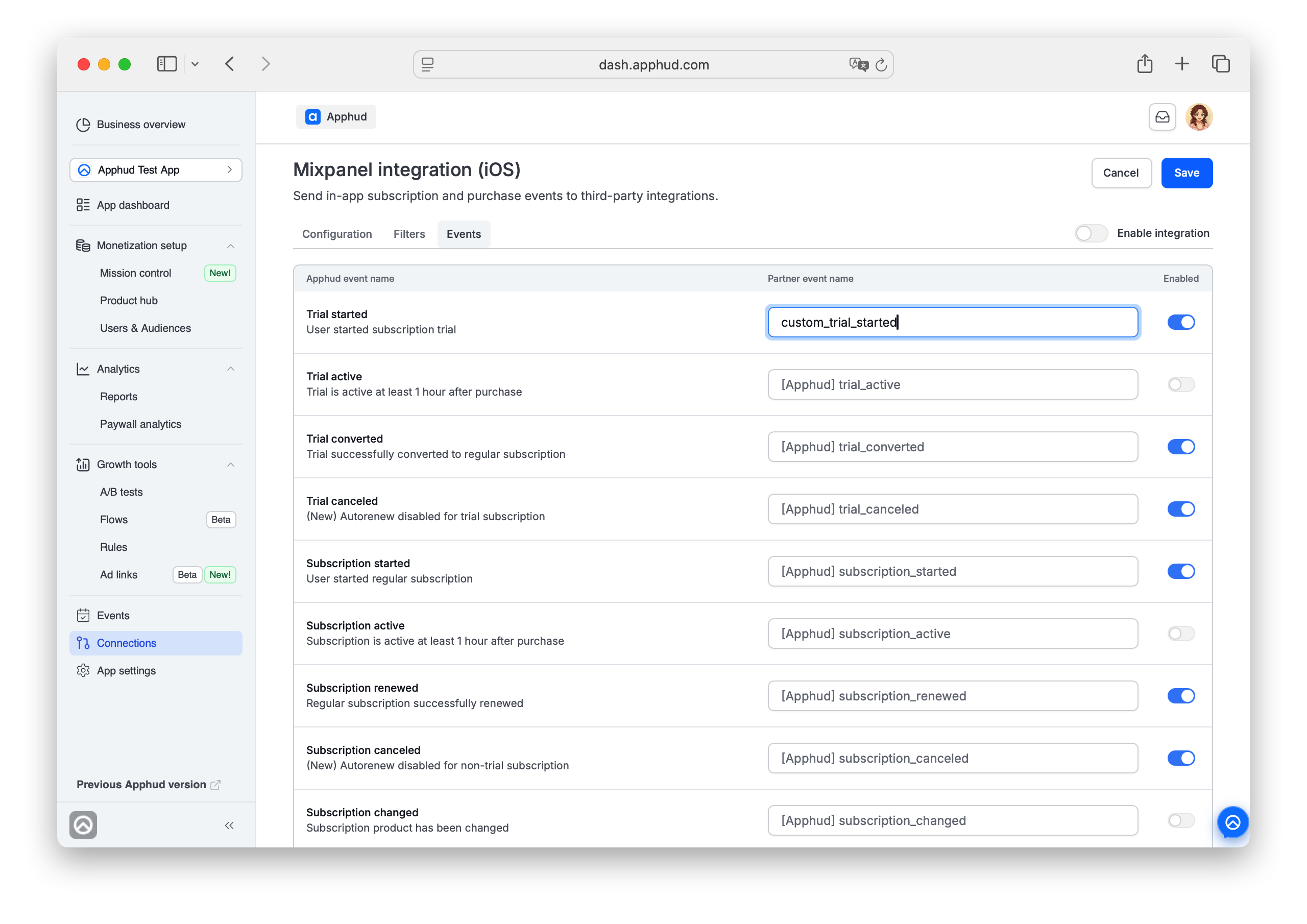 Apphud - Mixpanel events configuration