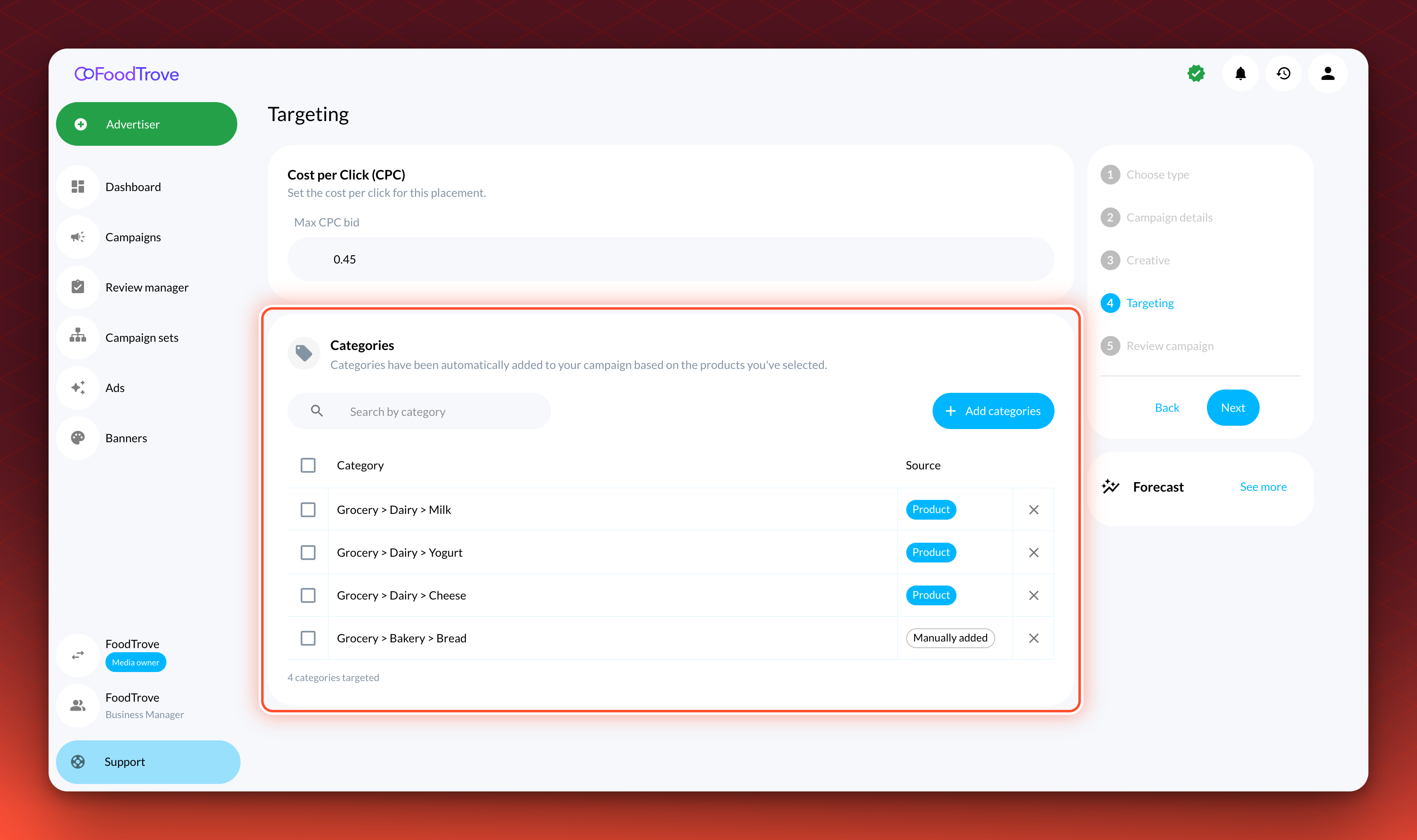 The FoodTrove Console Targeting step for a Category pages placement. Below the Max CPC bid, the Categories section holds a search box, an Add categories button, a table of four categories with their source, and the count 4 categories targeted.