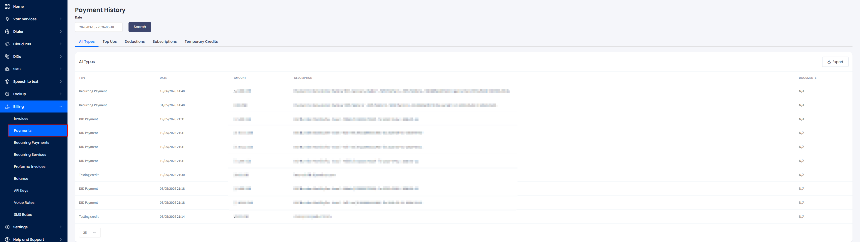 Screenshot of Payments in the main menu