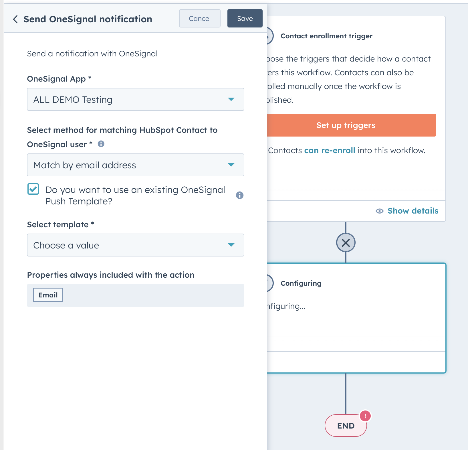 Configuration of the Send OneSignal Notification action