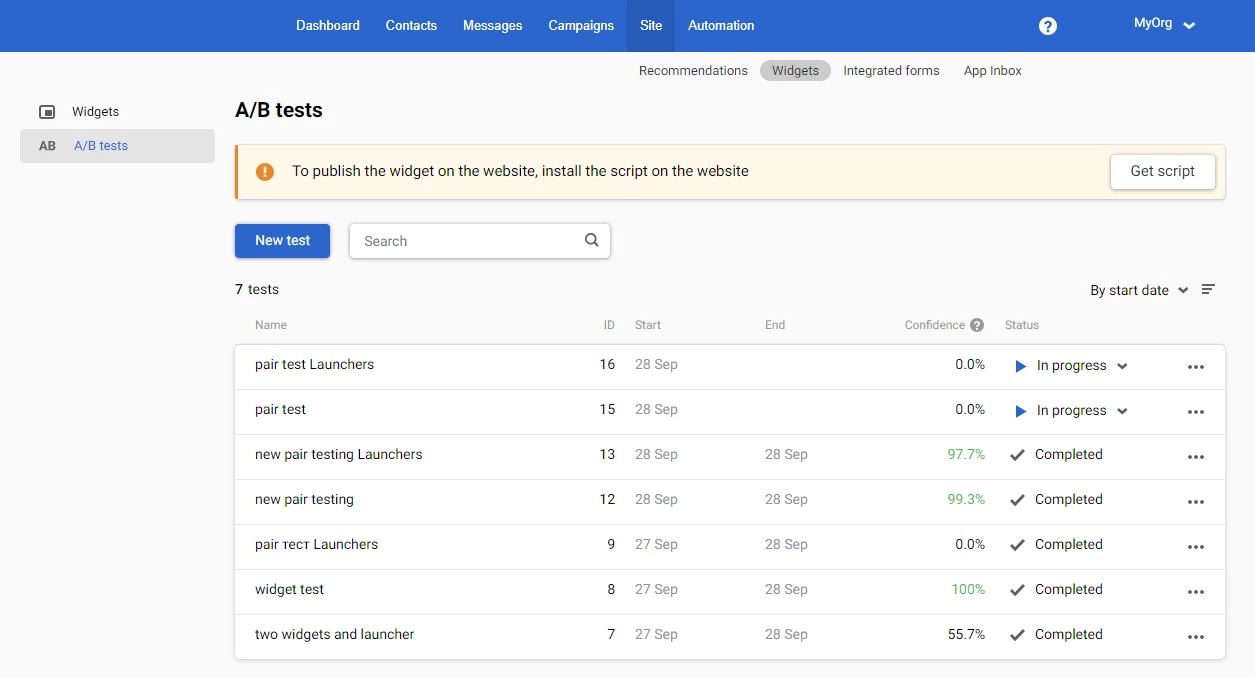 A/B tests page