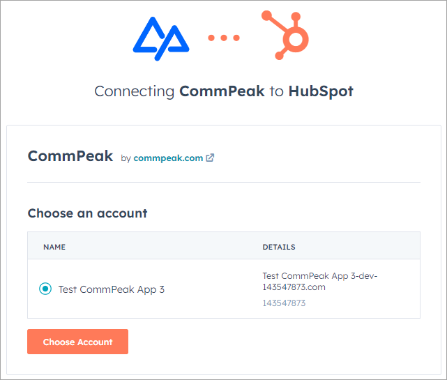 Screenshot with choosing account in HubSpot