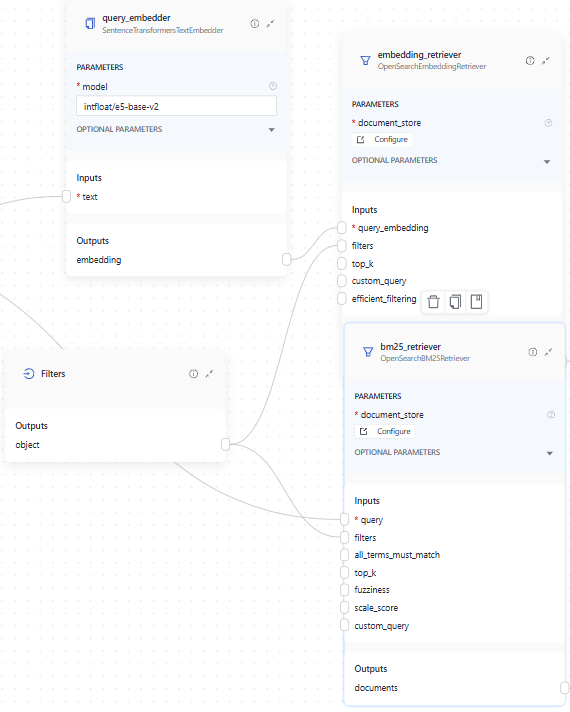 The Filters component connected to Embedding Retriever and BM25Retriever's `filters` inputs