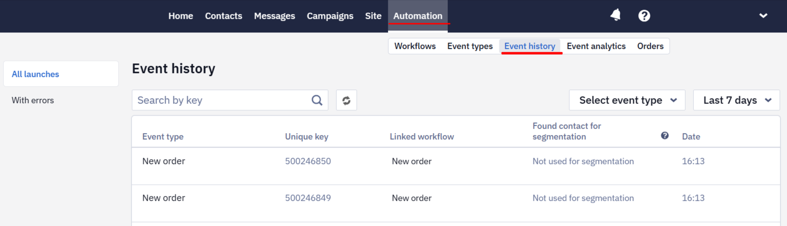 Event history section in Automation showing all events sent to the system
