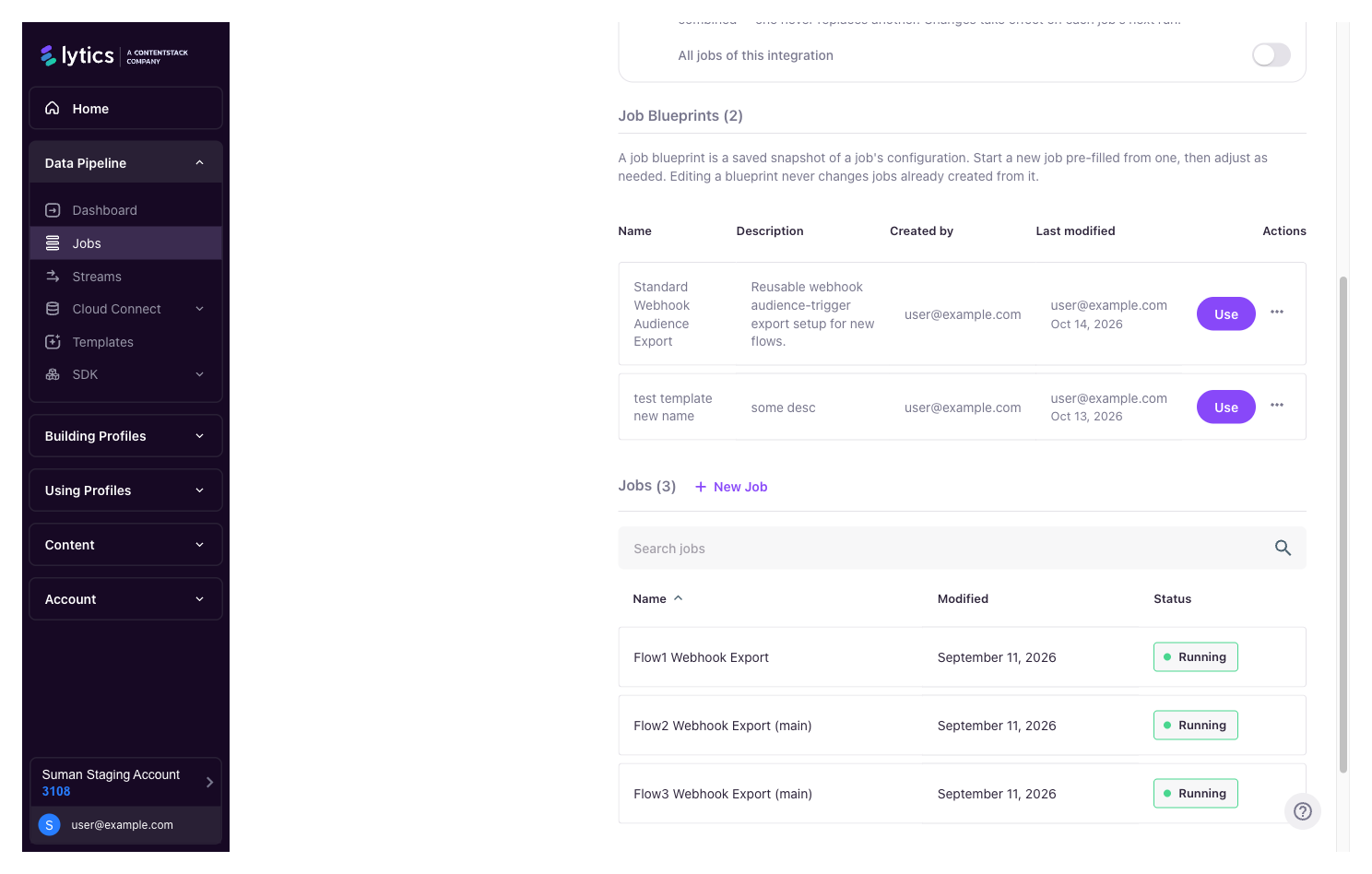 The Job Blueprints section on an integration's Manage Integration page, above the Jobs list