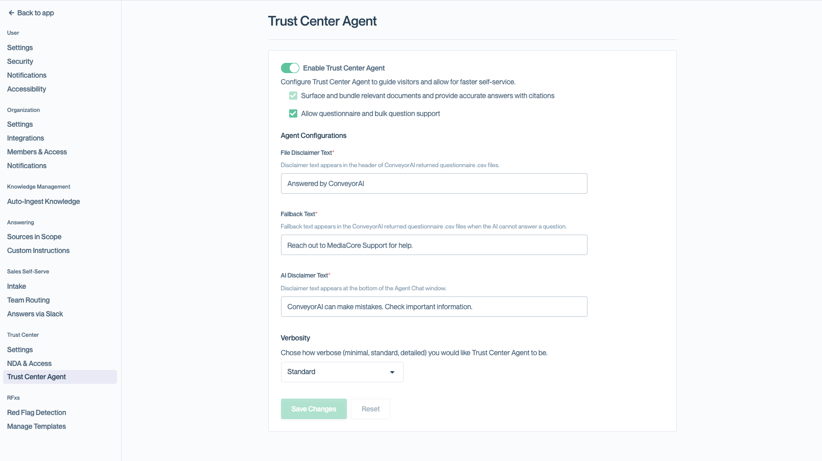 Agent Configurations section of the Trust Center Agent settings page, showing AI Disclaimer Text, File Disclaimer Text, Fallback Text, and Verbosity fields, with Save Changes and Reset buttons.