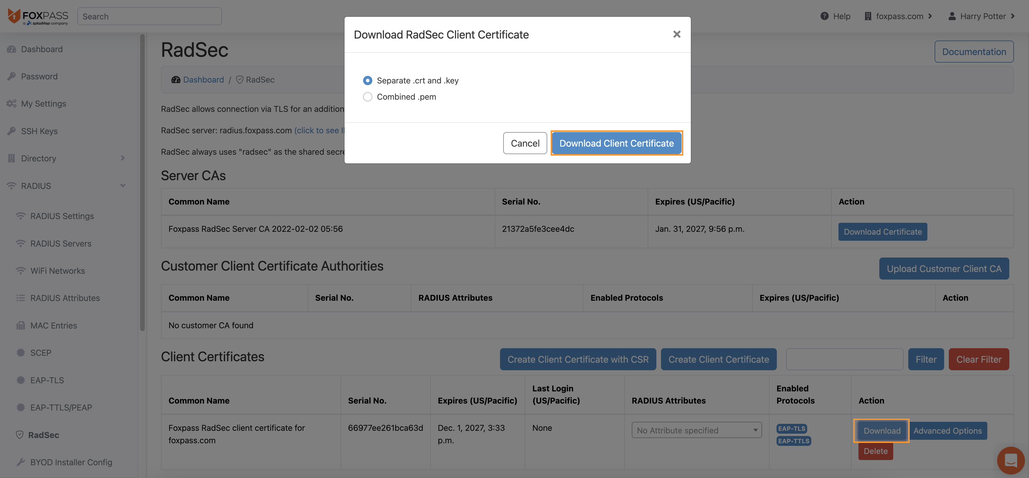 Download cert + key