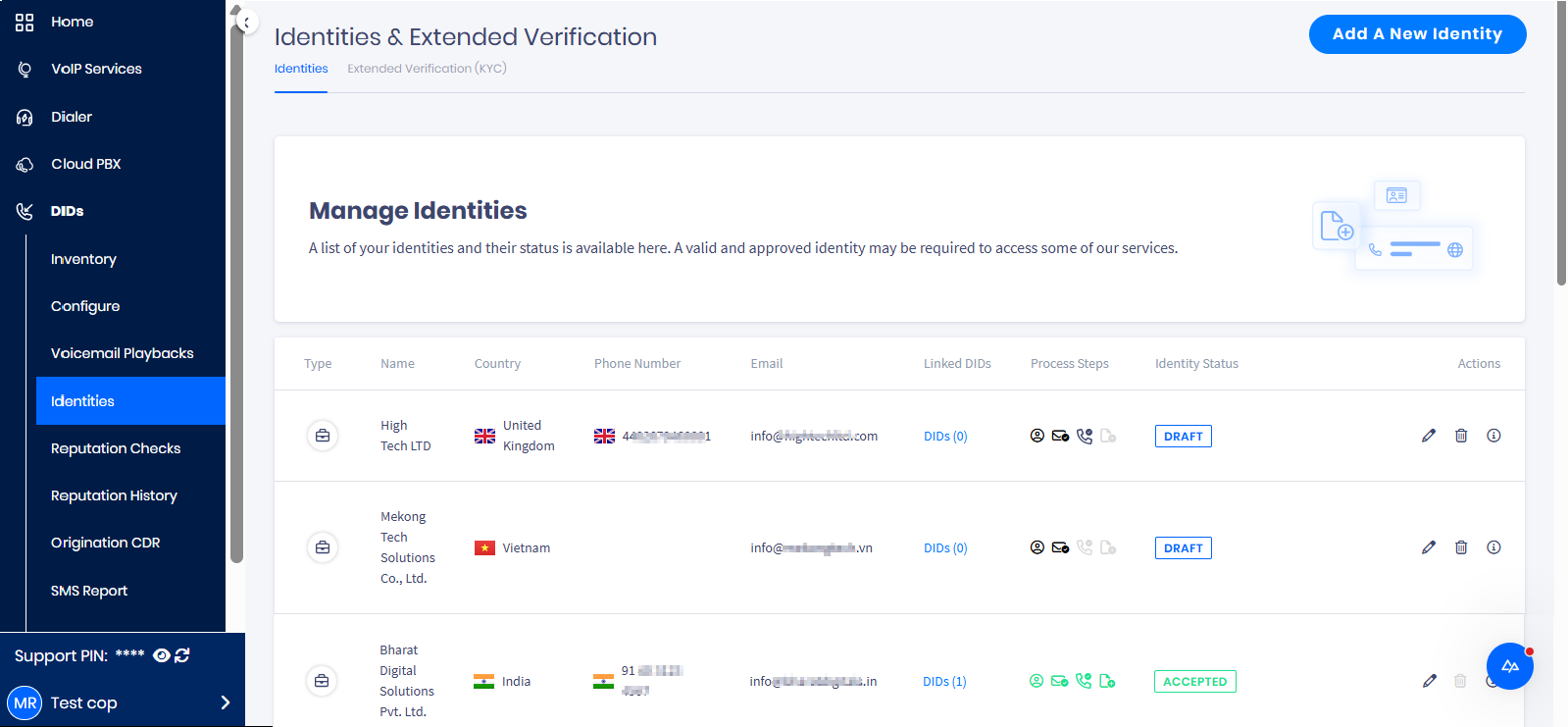 Screnshot of the Manage Identities page
