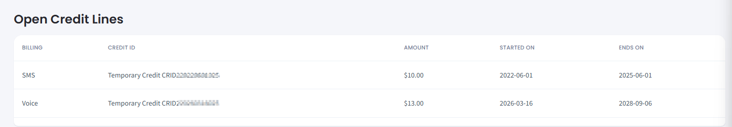 Screenshot of active credit lines