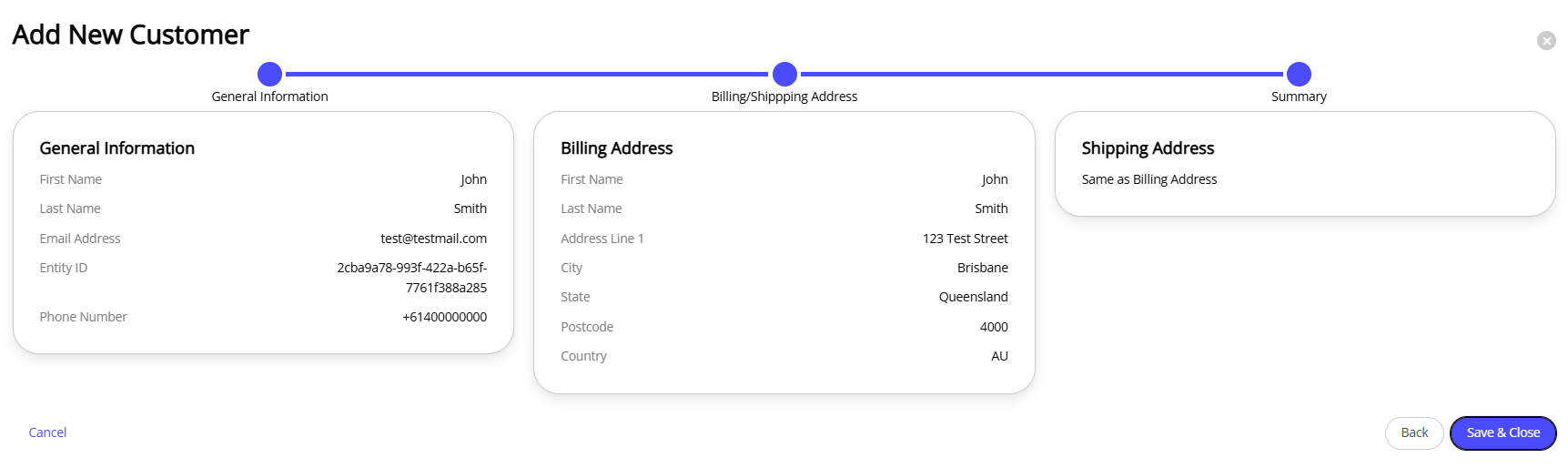 A summary of the new customer details screen on the Customer Category wizard.