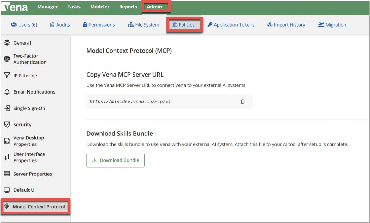 Copy the Vena MCP Server URL by navigating to the Admin tab, then select Model Context Protocol from the sidebar