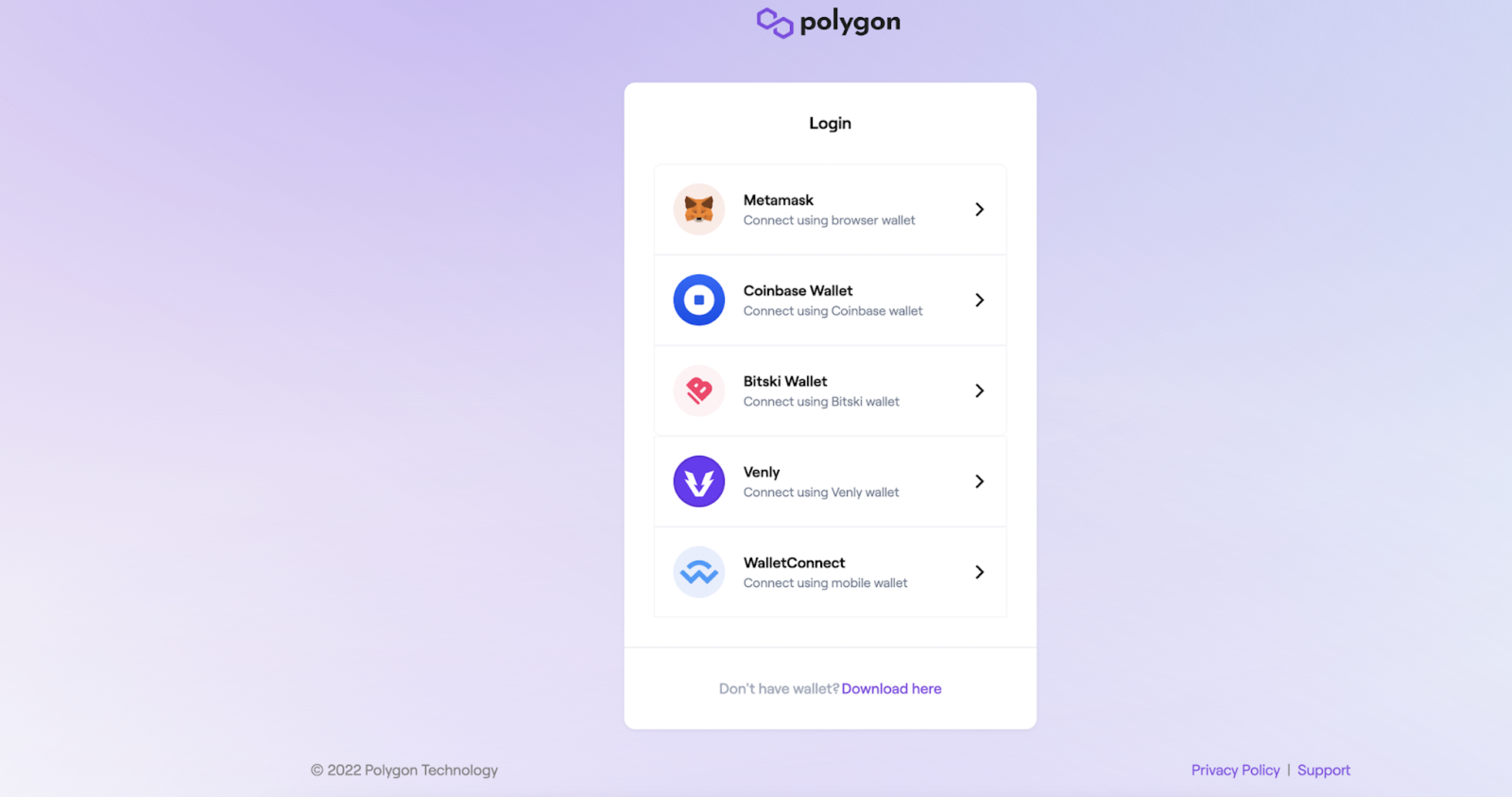 Select your self-custody wallet from the Polygon Login list.