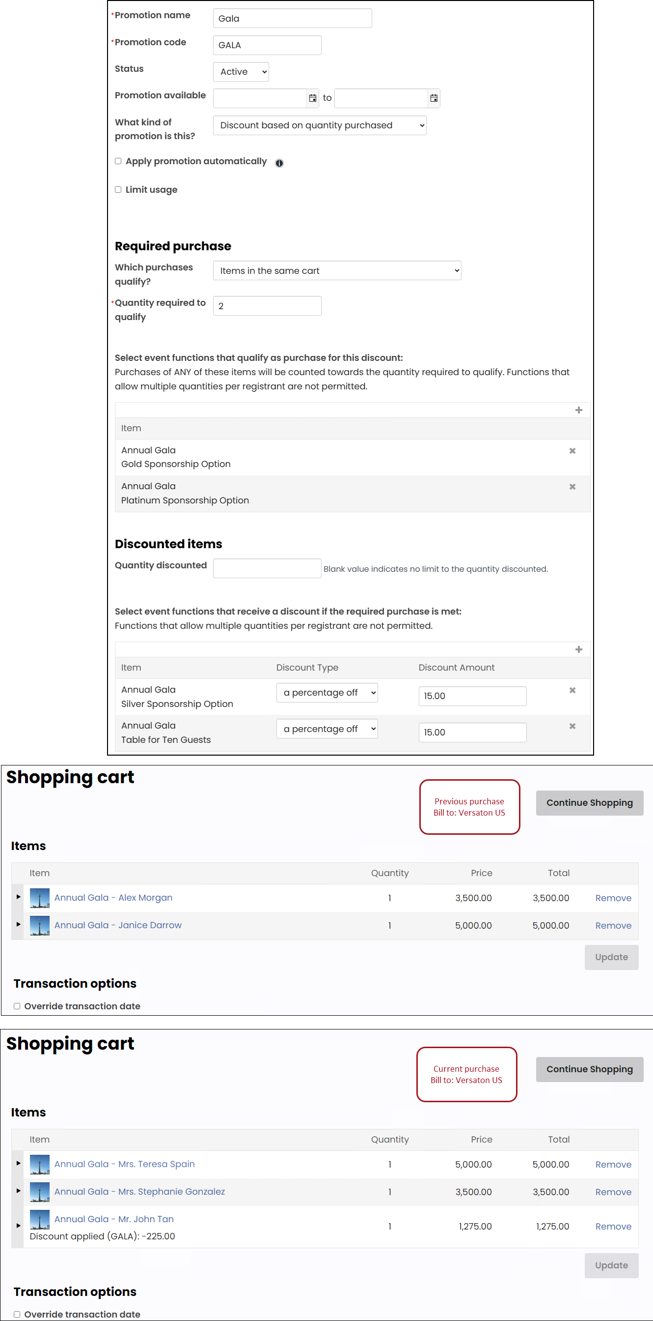 A promotion example of items billed to a customer in the same organziation