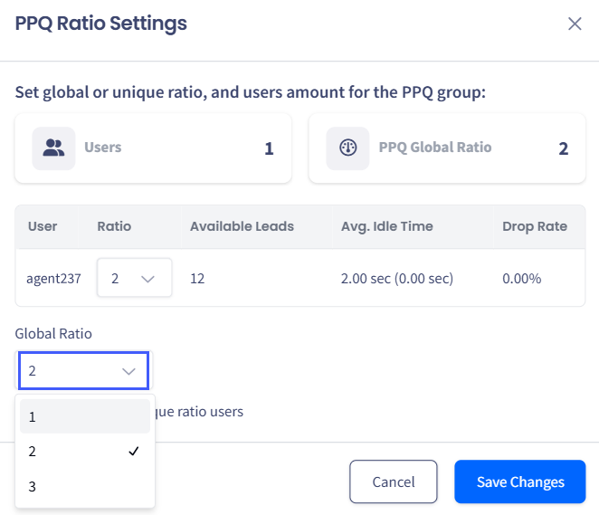 Screenshot of updating the ratio for agents with the default ratio
