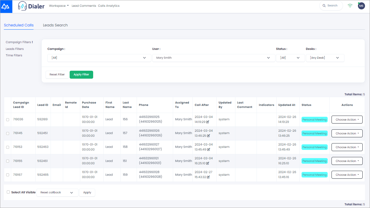 Screenshot of the Scheduled Calls page