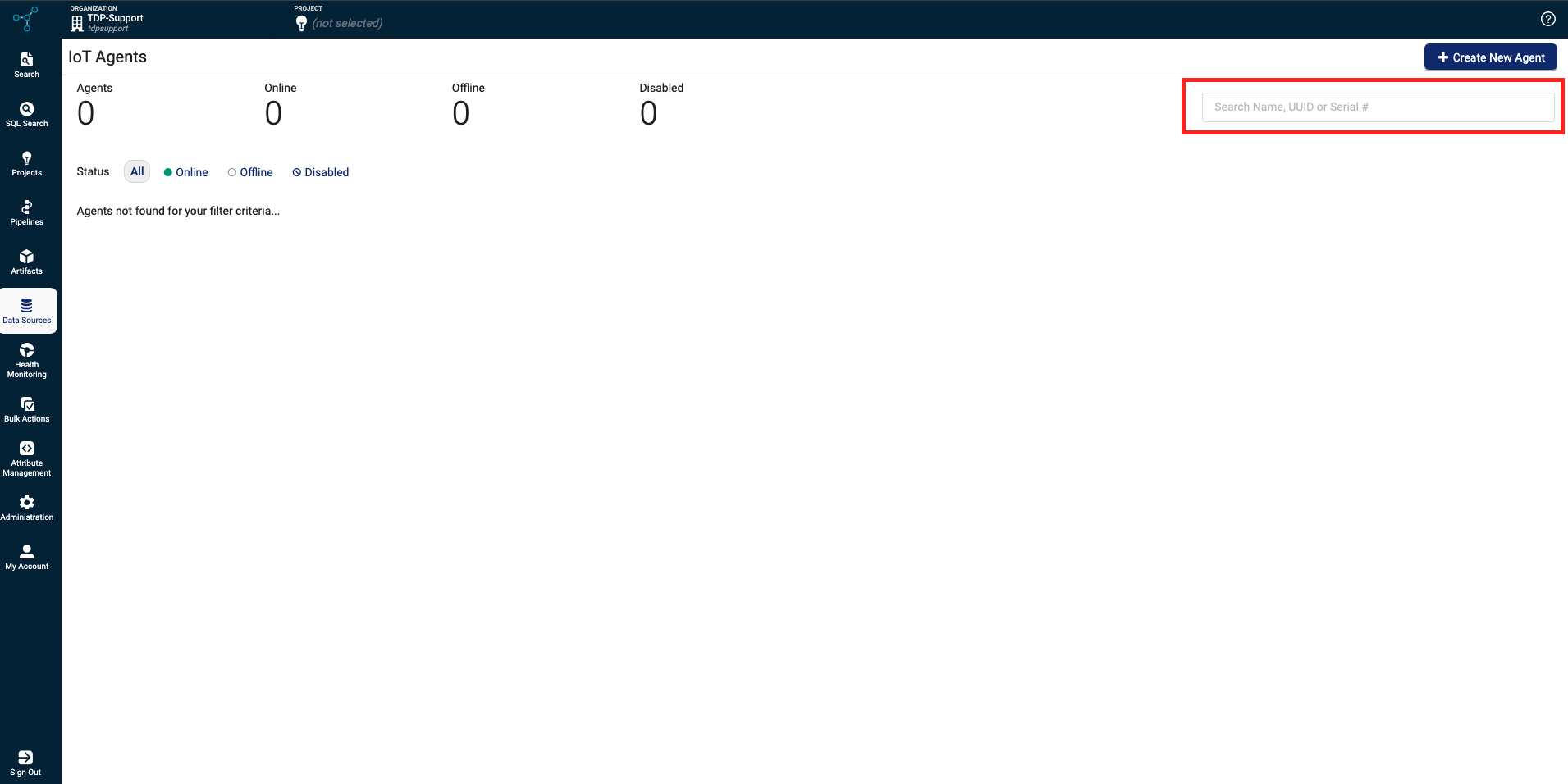 Search Name, UUID or Serial # bar field on the IoT Agents page