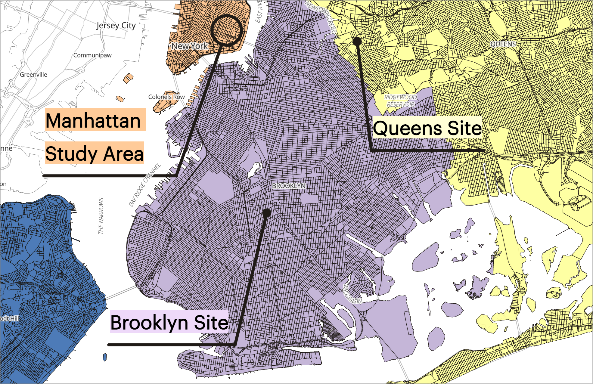 Annotations pointing to locations in New York City.