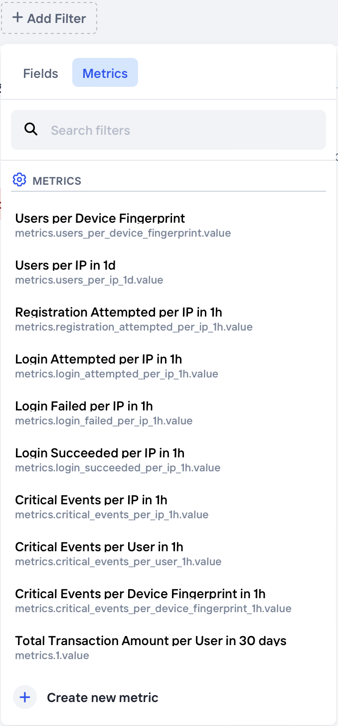 Metrics in the filter dropdown