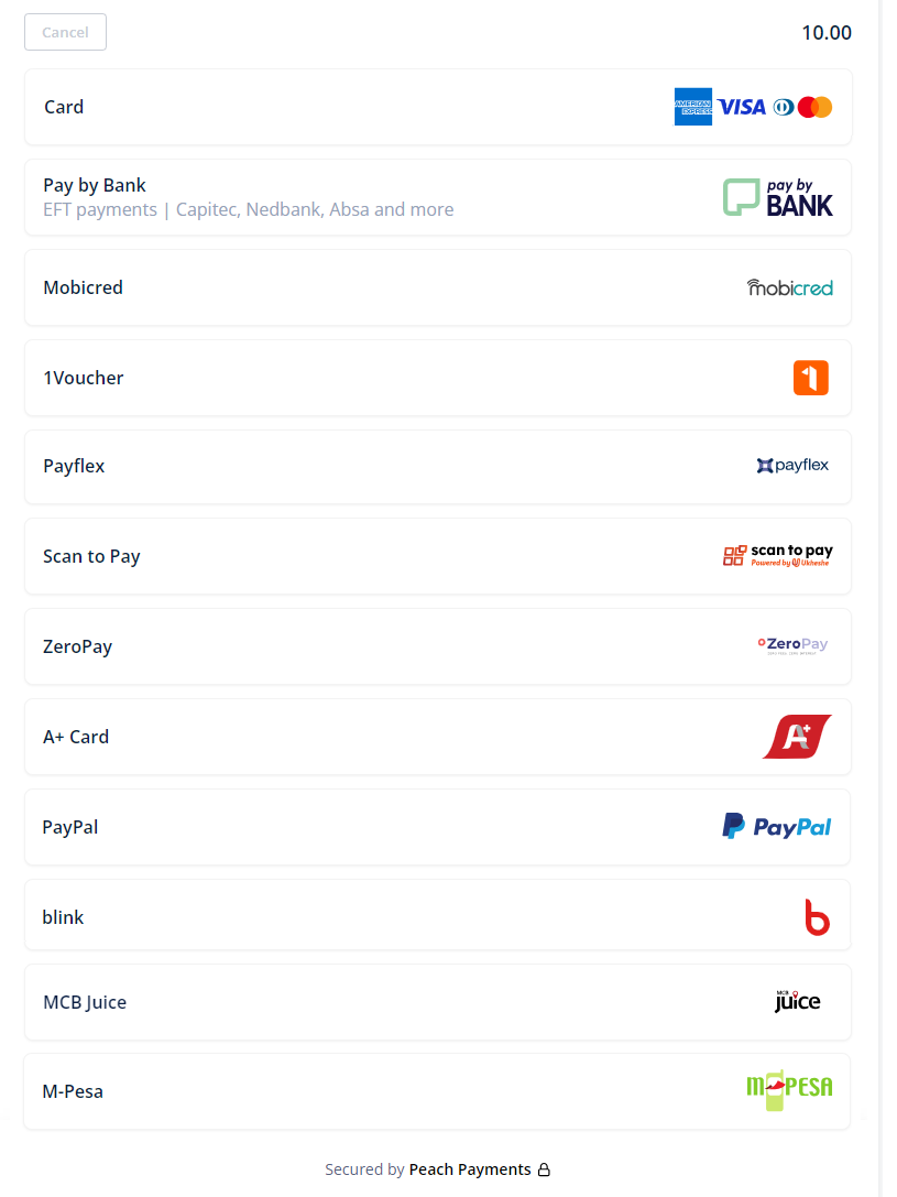 Example Hosted Checkout screen; note that not all payment methods are available in all regions or for all currencies.