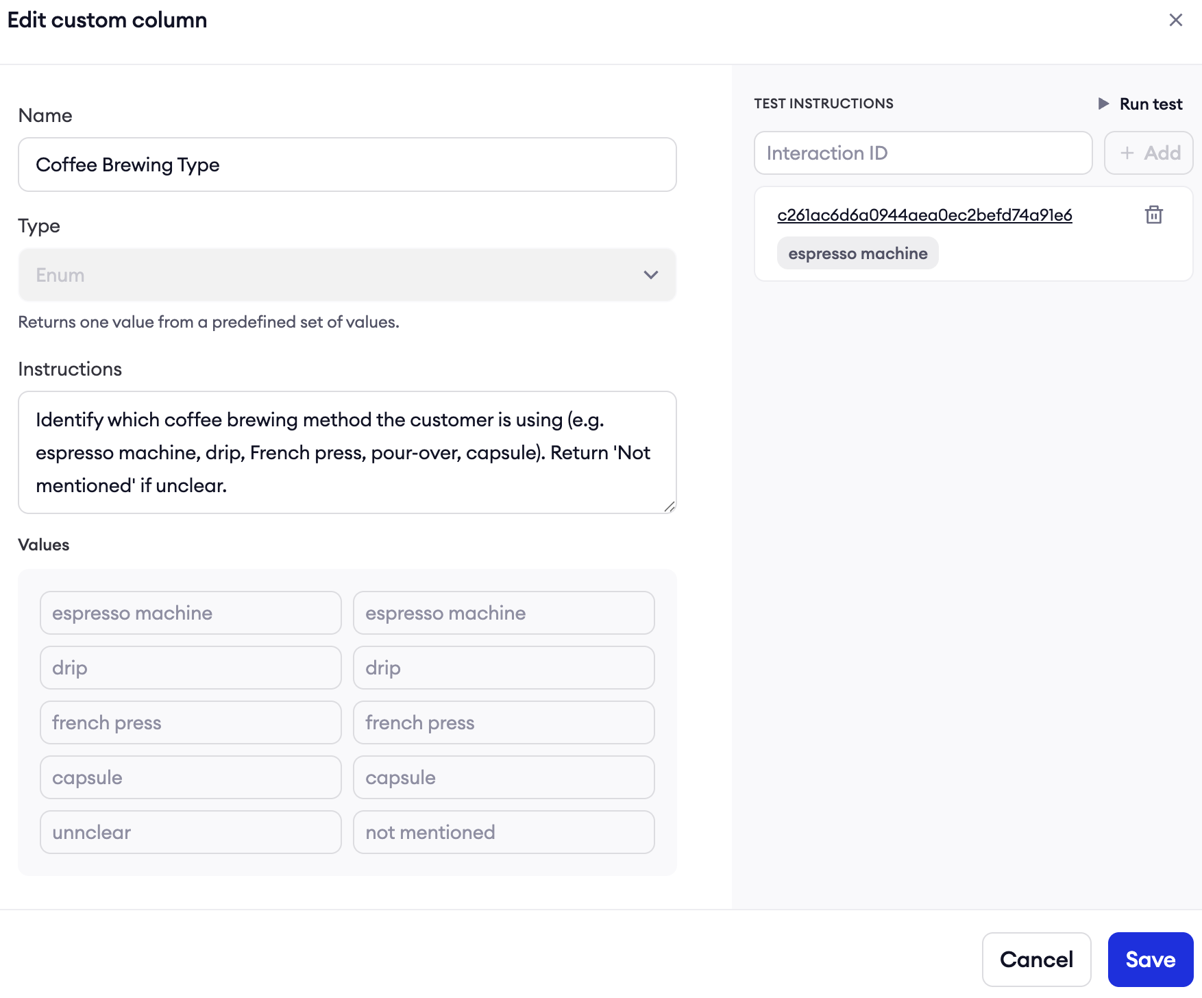 Example configuration for an enum Custom Column