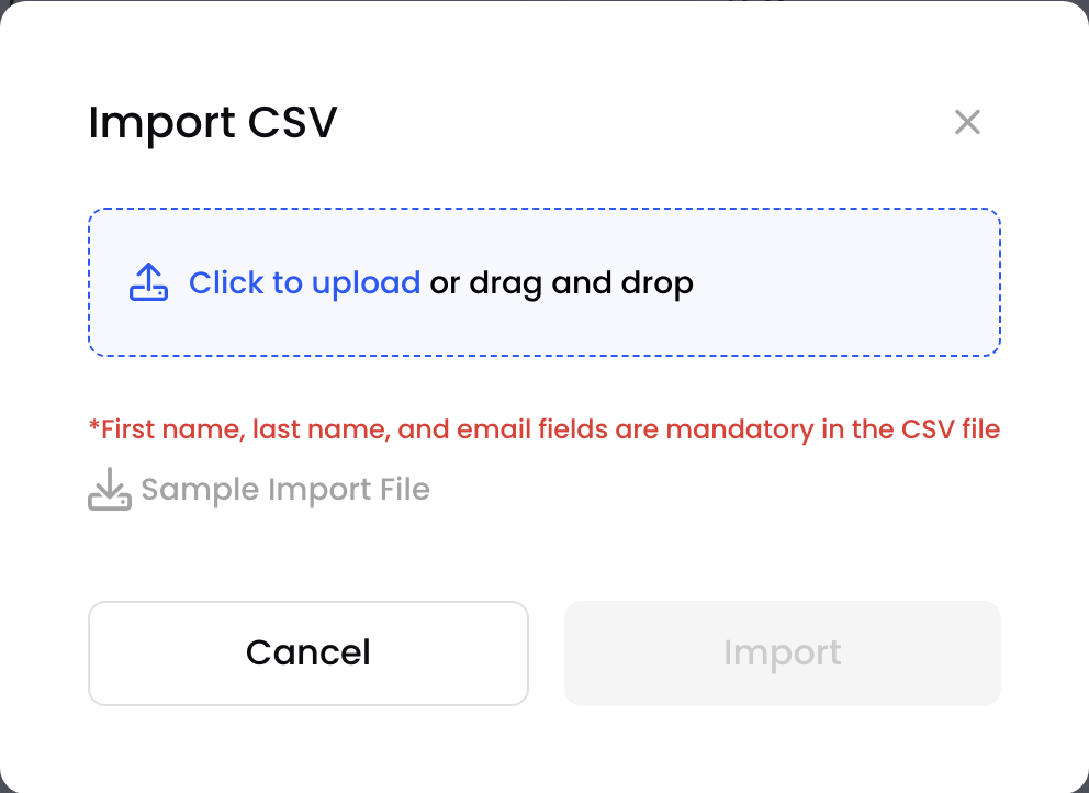 The Import CSV pop-up with the Sample Import File link
