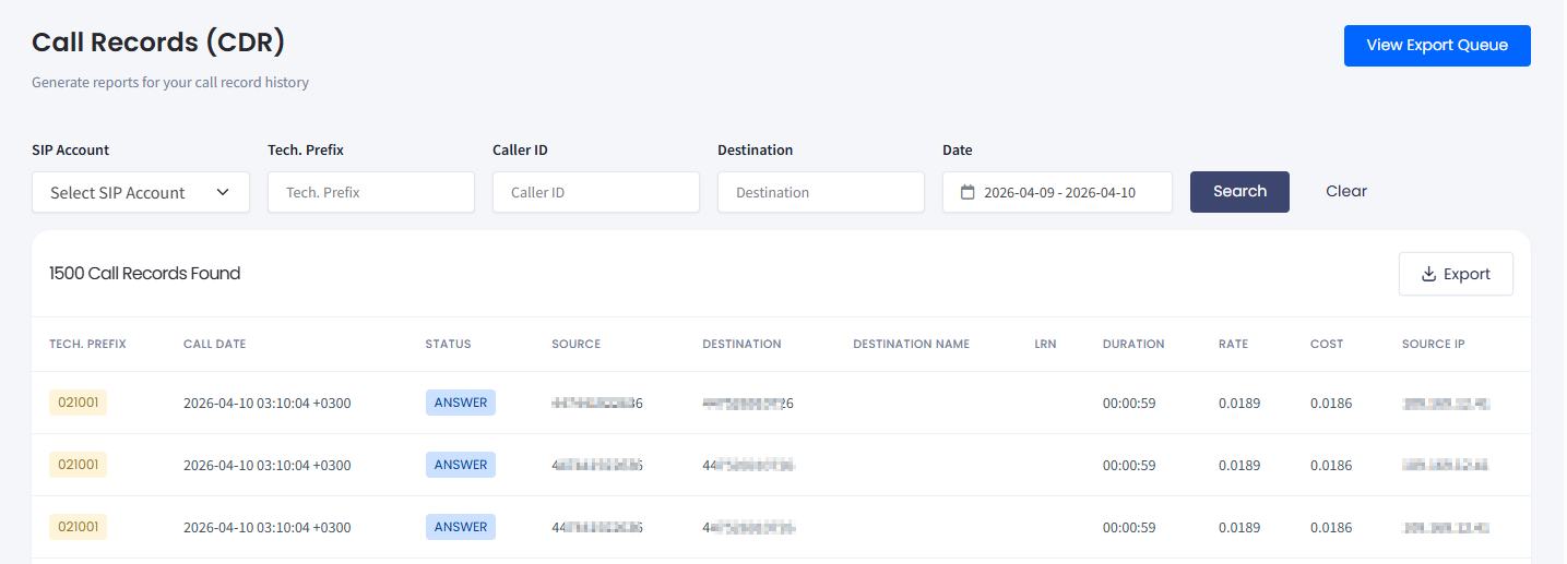 Screenshot of the Call Records page