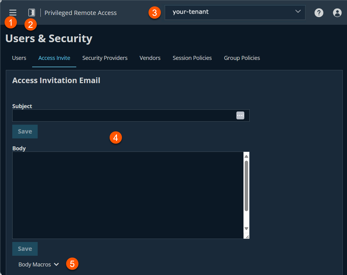 An image of BeyondTrust Privileged Remote Access interface showing the 'Users & Security' page with the 'Access Invite' tab selected. The page includes fields for composing an Access Invitation Email, including 'Subject' and 'Body' fields, each with its own 'Save' button. A 'Body Macros' dropdown menu is located at the bottom. The top bar displays a menu icon, the label 'Privileged Remote Access,' and a tenant dropdown labeled 'your-tenant'.