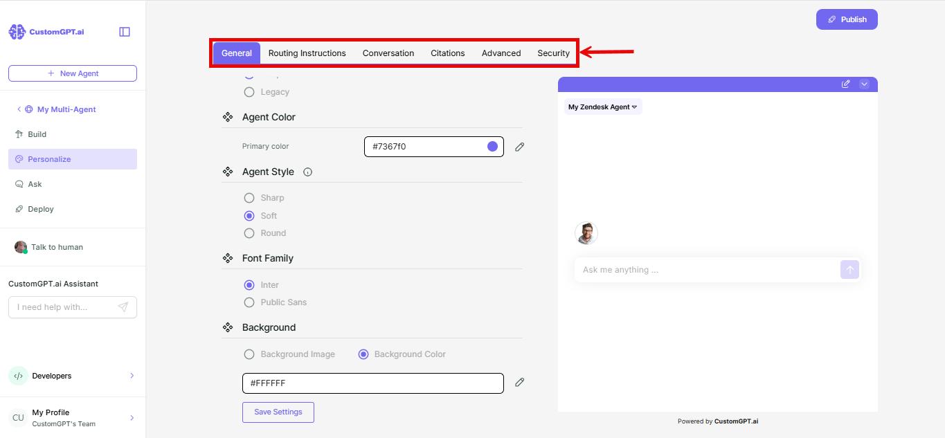 Personalize options for master agent 