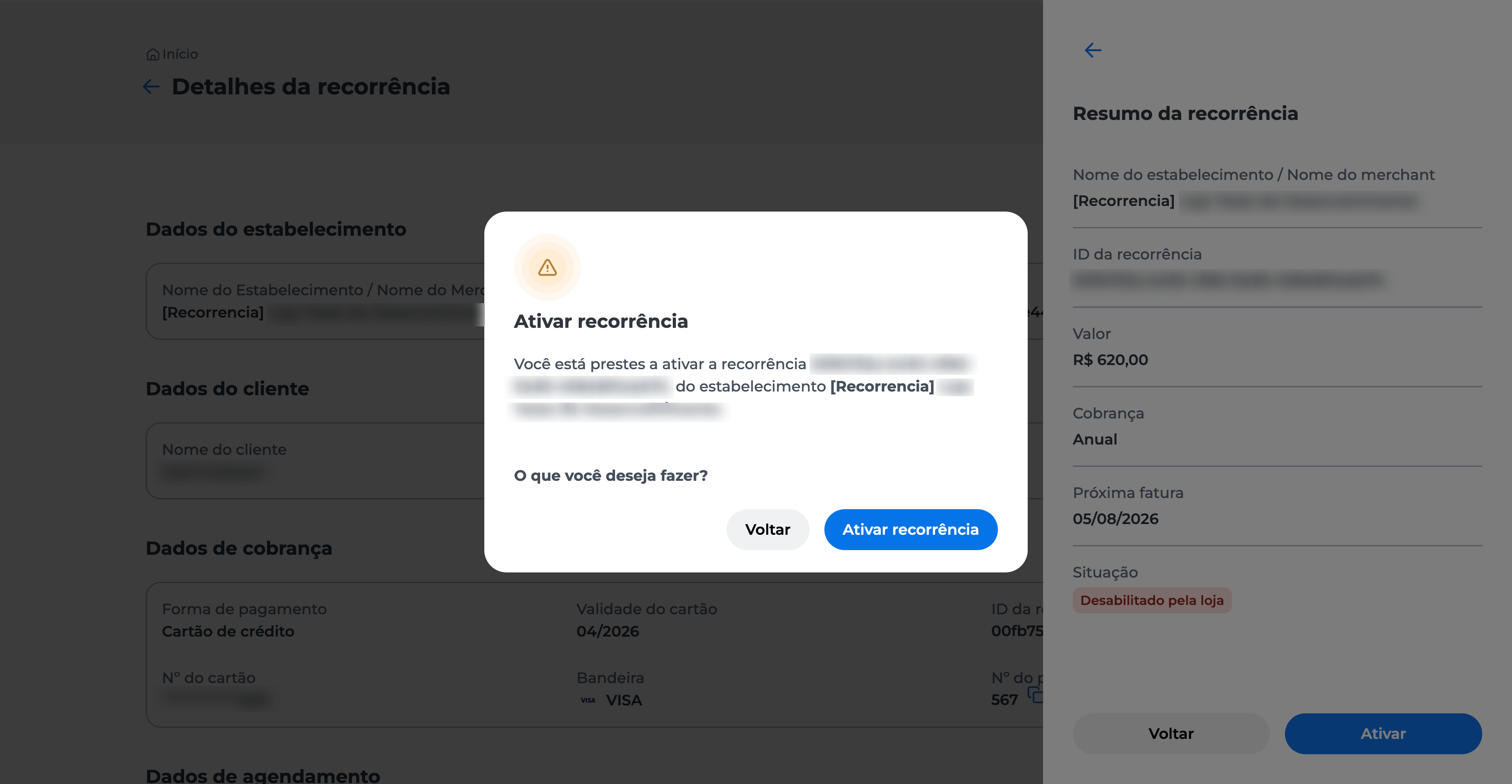 Tela de confirmação no Portal E-commerce da Cielo, com mensagem sobre a ativação da recorrência e botão "Ativar recorrência" em destaque para confirmar a retomada da cobrança automática.