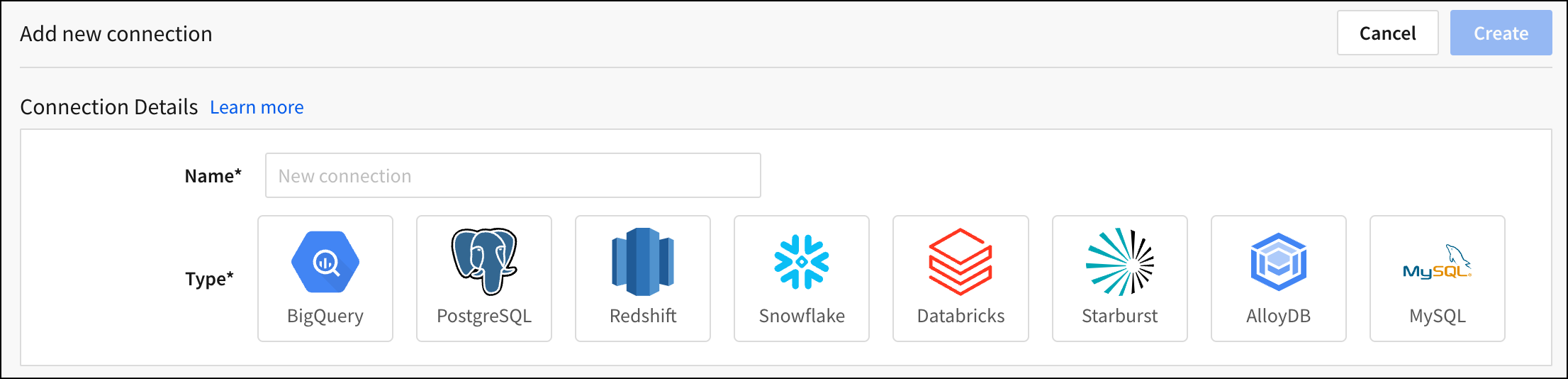 The connections page lists all supported connection types, as icons