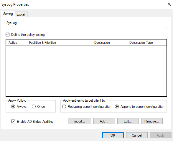 Syslog Properties dialog