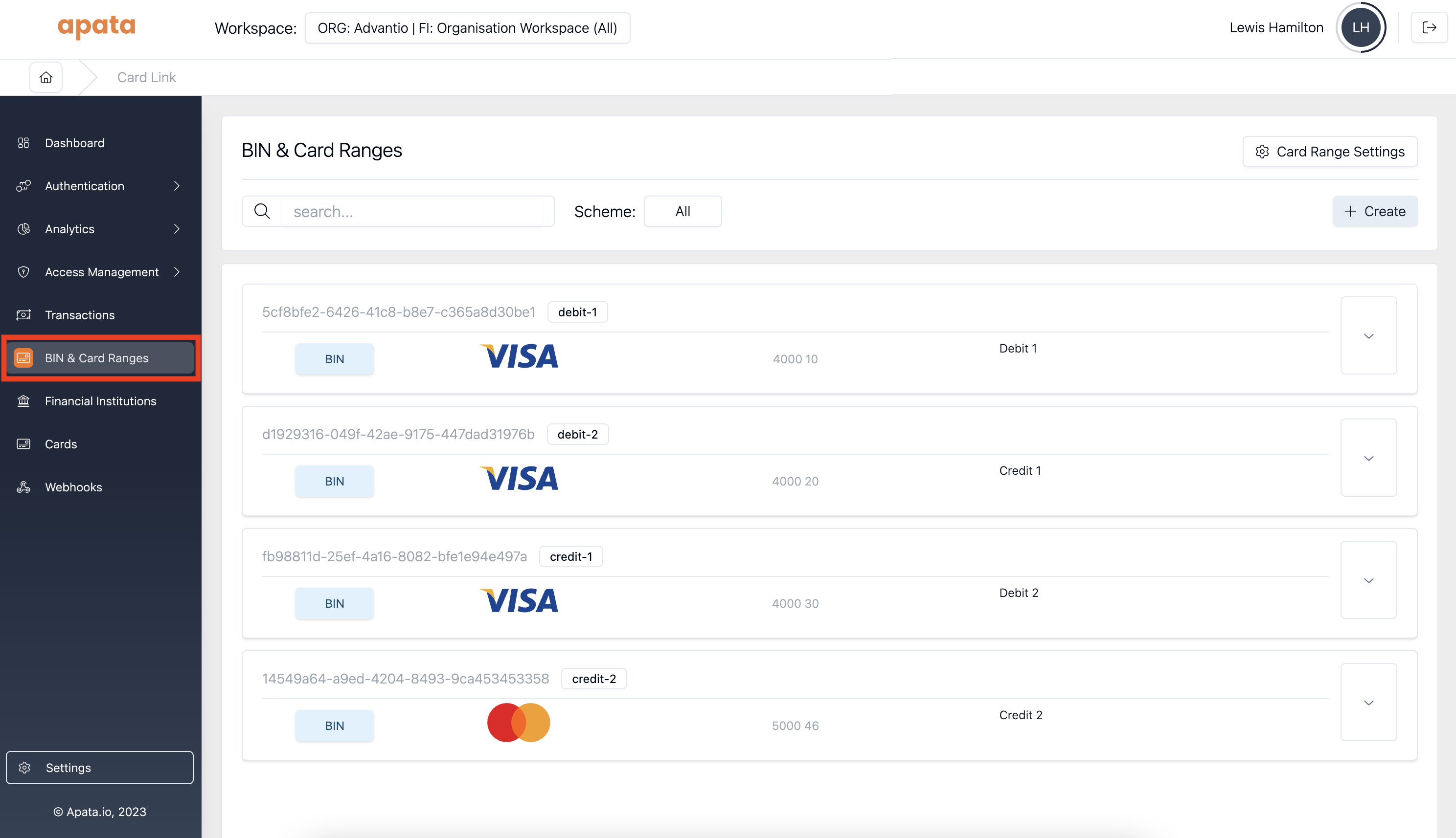 BINs and card ranges page with its menu option highlighted