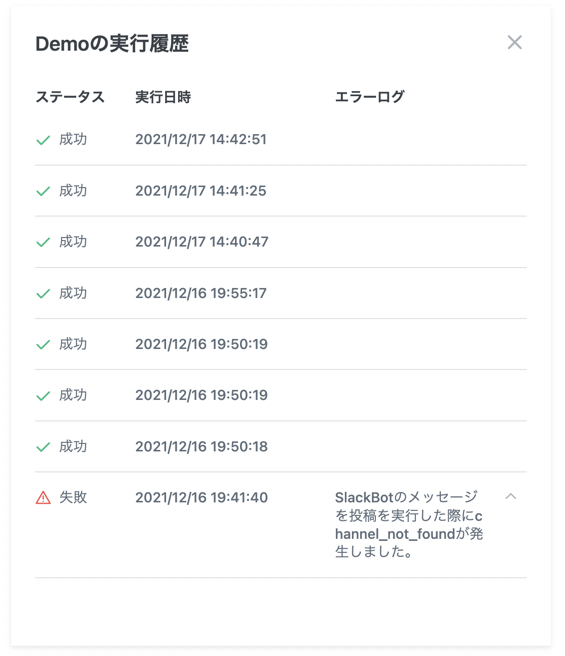 ソリューションの実行履歴
