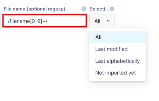 File storage import settings showing a regex pattern input field