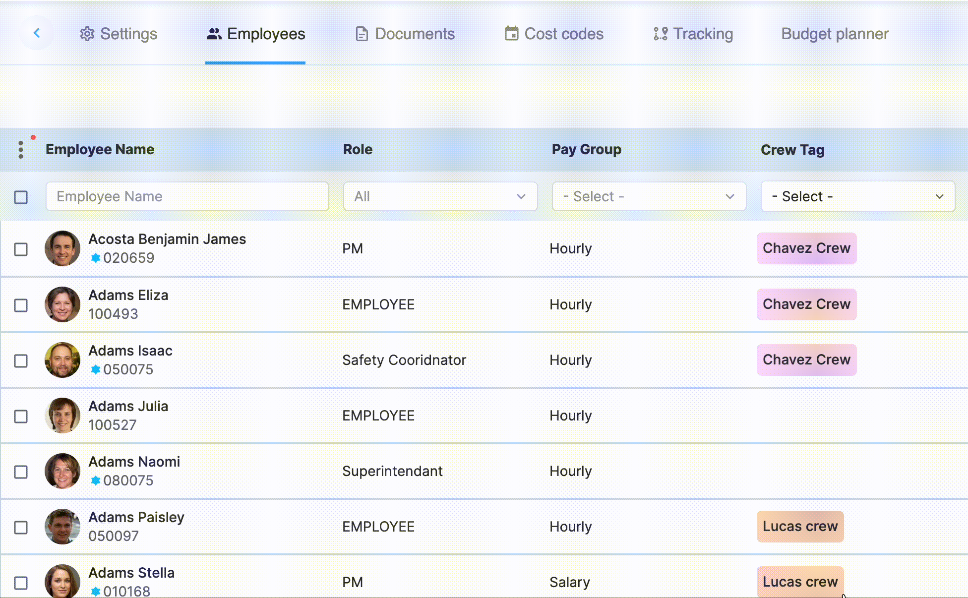 Assigning a crew tag to employees