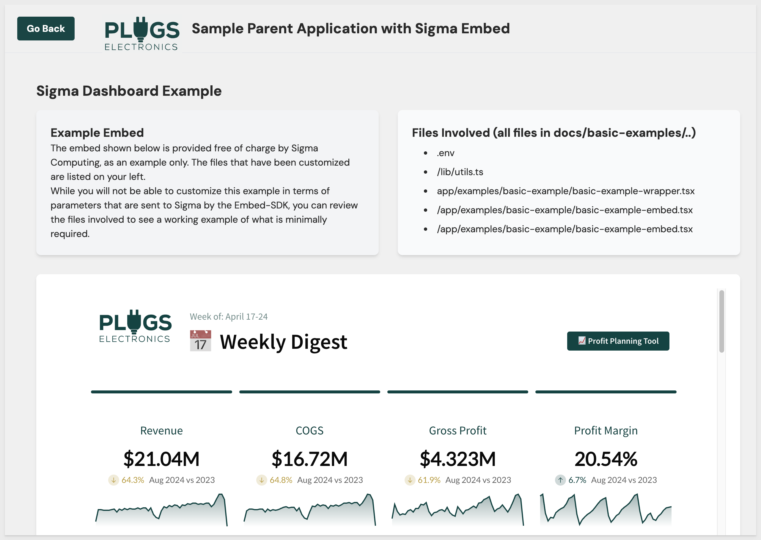 Screenshot of sample embed parent application with Sigma embed