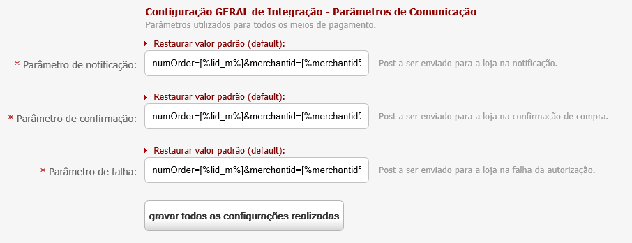 Tela configuração geral de integração - Parâmetros de Comunicação