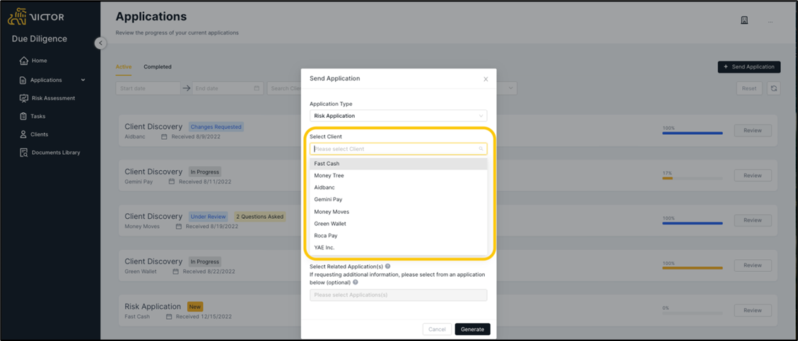 Figure 3. Send application modal - client selection