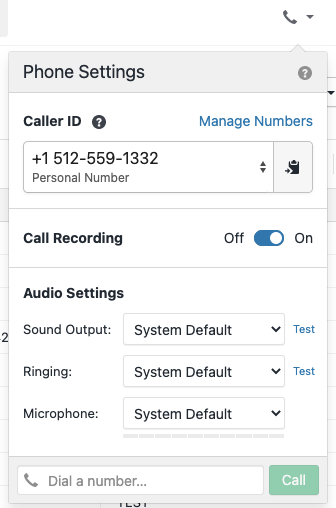 Select the correct sound, ringing output, and microphone in the phone popover.