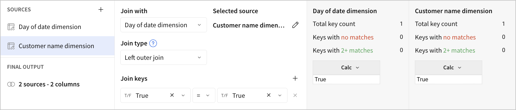 The join interface with True = True as the join key.