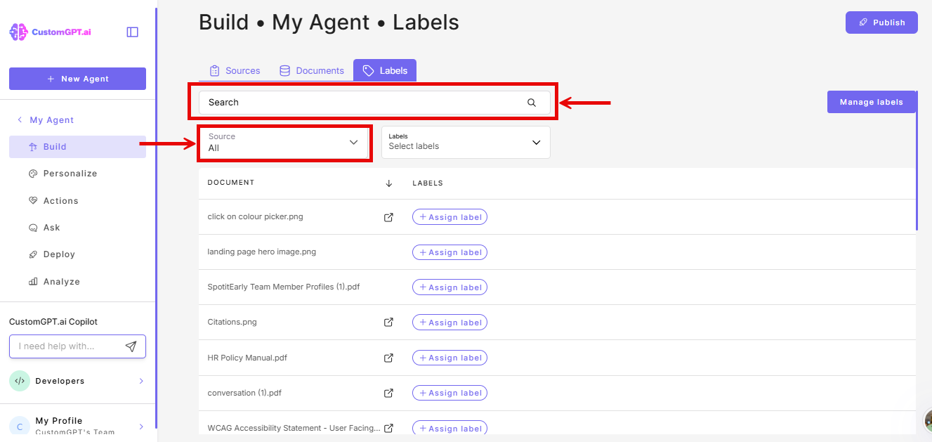 Search and source bars in the Labels tab of the Build page