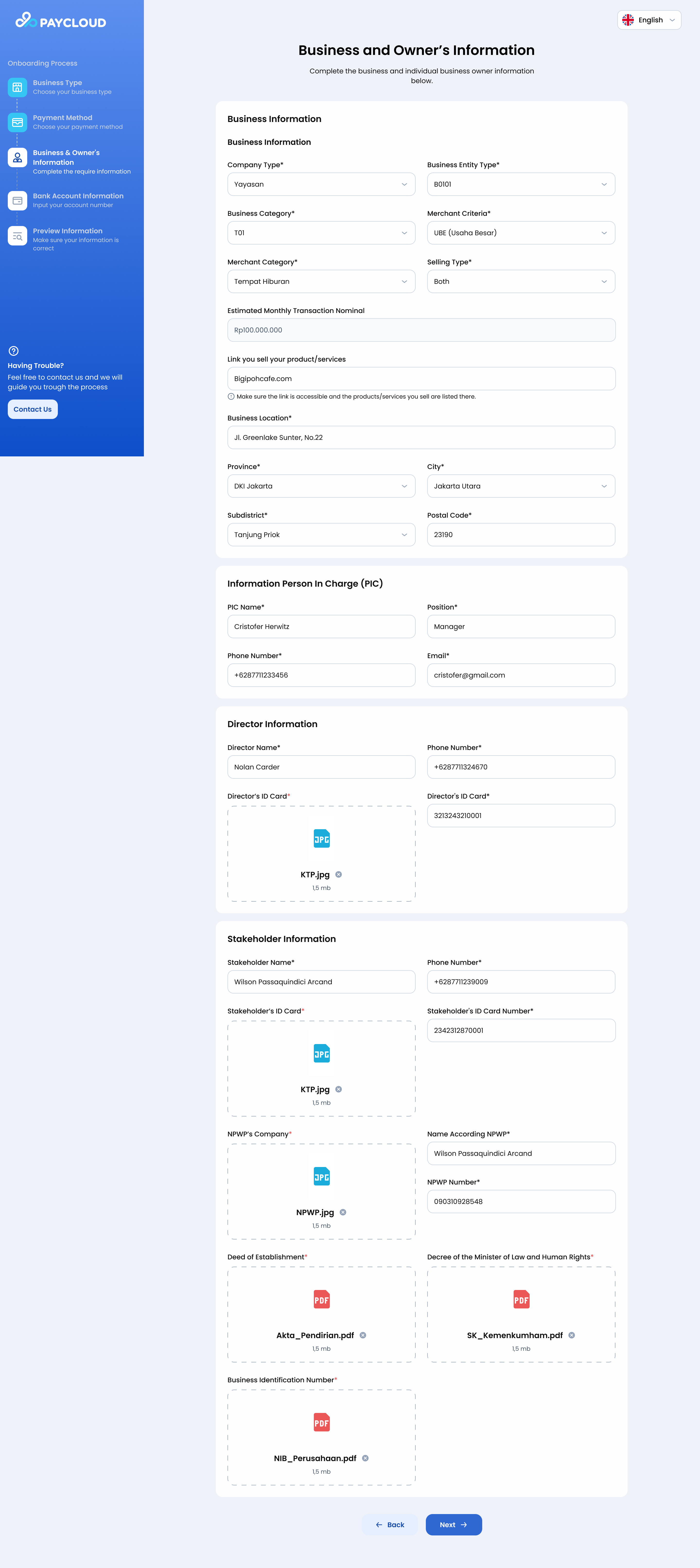 Onboarding Page - Business and Owner Information (Coorporate)