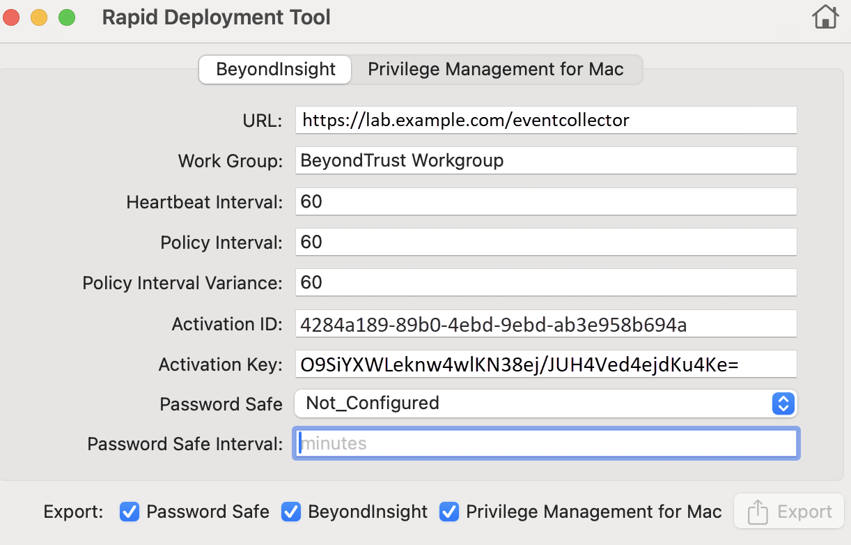 BeyondInsight configuration settings in the Rapid Deployment Tool